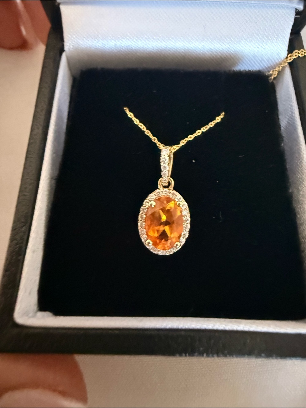 Natural citrine and natural diamond pendant, set in solid 14kt gold w 18” chain